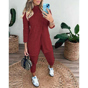 Conjunto de Dos Piezas para Mujer, Blusa de Manga Larga con Cuello Alto y Botones Delanteros y Pantalones Suaves, 20332 - Borgoña - Product Image 1