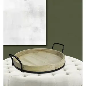 Premium Wooden Round Tray With Black Metal Handles Durable Design Perfect For Serving Entertaining And Tabletop Display - Product Image 5