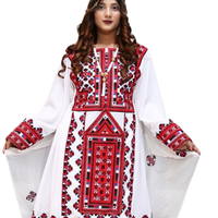 Robe longue bohème brodée pour femme, manches longues, col en V, coupe ample, motif géométrique en coton, tenue décontractée quotidienne, blanc et rouge