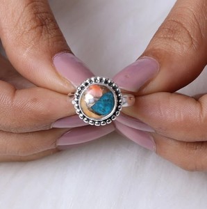 High Quality 10mm Beaded Baho Bezel Setting Solid 925 Sterling Silver <b>Ring</b> with Spiny Oyster Copper <b>Turquoise</b> for Women - Product Image 5