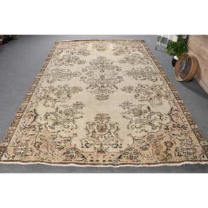 Alfombra turca vintage de área grande de 6,6X9,6 pies, clásica, beige, marrón, patrón de retazos, Material de lana, respaldo de látex para pasillo de dormitorio - Product Image 1