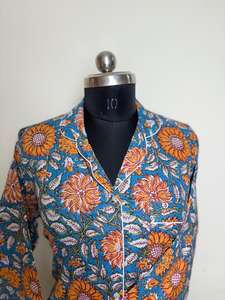 เสื้อเชิ้ตผ้าฝ้ายพิมพ์ลายดอกไม้แขนยาวสำหรับผู้หญิงกระดุมลูกไม้สีฟ้าส้มส้มสำหรับฤดูใบไม้ผลิ/ฤดูร้อน - Product Image 5