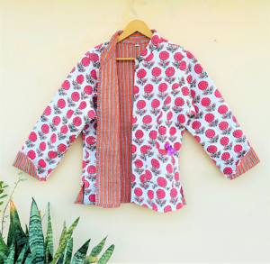 แจ็กเก็ตผ้าลูกฟูกสำหรับผู้หญิงพิมพ์ลายด้วยมือใส่ผ้าฝ้ายเสื้อคลุมสีกรมท่าสำหรับฤดูใบไม้ร่วง - Product Image 3