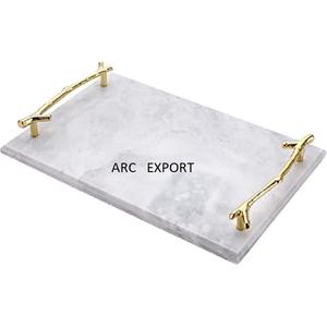 Table élégante Support de service alimentaire décoratif Plateau en marbre blanc de la plus haute qualité avec poignée en métal doré pour l'hôtel et le restaurant - Product Image 3