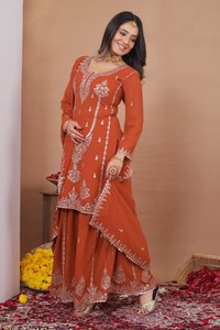 Faux Georgette <b>Silk</b> <b>Fabric</b> Glitter Sequences Embroidery Reversible Moisture Wicking Work S-XXL Size Top Sharara Dupatta Set - Product Image 5