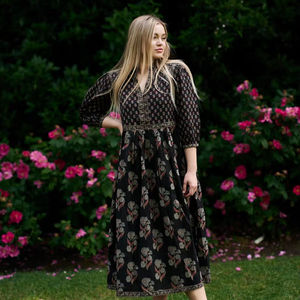 Vestido Midi Bohemio Floral Sophie Negro Marrón Algodón - Product Image 1