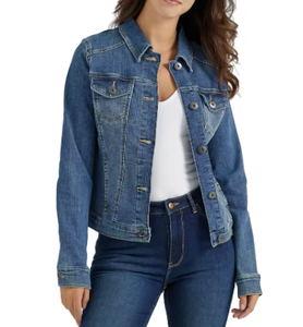 Veste en jean extensible en coton bleu pour femme, coupe ajustée, design OEM pour la vente en gros, veste en jean imprimée hip-hop unie - Product Image 5