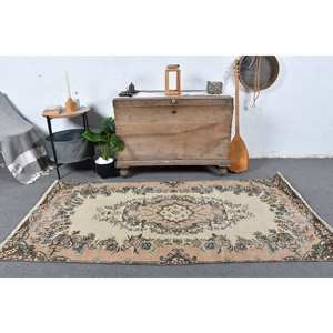 พรมขนสัตว์สีเบจสีน้ำตาลคลาสสิกขนาด3.3x6.8ฟุตพรมข้างเตียงสไตล์ตุรกีวินเทจผ้าเย็บปะติดปะต่อกันสำหรับวัยรุ่นห้องนั่งเล่นสี่เหลี่ยมผืนผ้าห้องโถงยาง4เมตร - Product Image 1