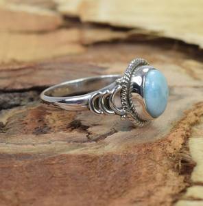 Bague ovale en larimar, argent sterling 925, bijoux en pierres précieuses, fabrication artisanale, bague en pierre bleue des Caraïbes, taille 6, vente en gros - Product Image 5