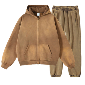 Ensemble de survêtement vintage délavé à l'acide pour femme, streetwear personnalisé, sweat à capuche zippé imprimé et pantalon de survêtement coupe classique, grandes tailles, 2 pièces - Product Image 2