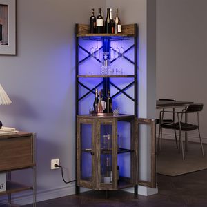Mueble Bar Esquinero Industrial con Luces LED, Puertas de Vidrio Acanalado, Mueble Bar de Madera con Estante para Licores y Vinos para el Hogar DR534 - Product Image 2
