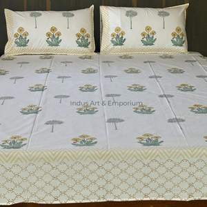 Draps de lit imprimés Sanganeri faits à la main indiens ensembles de literie drap de lit avec taie d'oreiller - Product Image 2