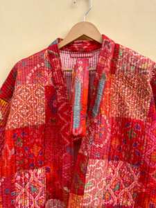 Handmade Cotton Sari Kantha Coat Vintage Style Long Patchwork Jacket Embroidered Print Design <b>Double</b> Breasted Knitted Breathable - Product Image 3