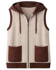 Customized <b>Men</b> Beige Brown Knitted Hooded Vest Zipper Sleeveless <b>Sweater</b> Cable Knit Winter <b>Wool</b> Acrylic Casual OEM Wholesale - Product Image 1