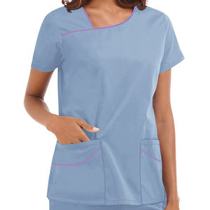 Haut de récurage médical à col en V unisexe OEM ensemble d'uniforme de passepoil extensible à manches courtes pour médecins, infirmières, médecins et hôpitaux en vente de gros - Product Image 4