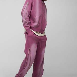 ชุดเซ็ตเสื้อฮู้ดซิปและกางเกงวอร์มลายฟอกสี สไตล์ลำลอง ทรงปกติ เสื้อฮู้ดและกางเกงจ็อกเกอร์ ชุดวอร์มคุณภาพสูงสำหรับฤดูใบไม้ร่วง ชุดวอร์ม 2 ชิ้น - Product Image 5