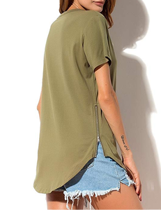 Camiseta de verano para mujer, Camiseta 100% de algodón y poliéster con cuello redondo profundo, camiseta ligera con dobladillo curvo, camiseta para mujer - Product Image 4