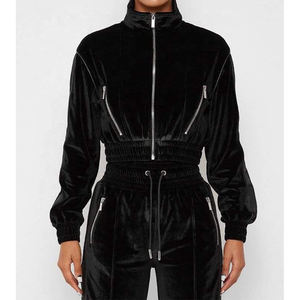 Chándal de Terciopelo Negro de Alta Calidad para Mujer, Bordado, con Diseño de Cremallera, Estilo Urbano, Top Corto, para Uso en Exteriores, Cómodo - Product Image 2