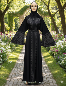 อาบายะห์สตรีแบบดั้งเดิมสีดำสวยงาม รุ่นใหม่ปี 2026 ผลิตจากโพลีเอสเตอร์ ระบายอากาศได้ดี ทำด้วยมือ เหมาะสำหรับฤดูหนาวและฤดูร้อน ความยาวระดับข้อเท้า - Product Image 2