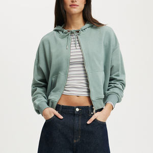 Vente chaude grande taille haut court Double fermeture éclair à capuche pour les femmes 100% pur coton Hip Hop Style cordons femmes sweat - Product Image 1