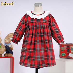 Elegante vestido informal de franela para niña con cuadros rojos y verdes y encaje blanco, suministro ODM ahumado a mano para el año en que se vende a la hora del día para el año 2017 - Product Image 1