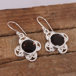 Premium Quality Smoky Quartz Gemstone Round Faceted Vintage Baho Solid 925 Sterling Silver Plated Dangle Drop Womens <b>Earring</b> - Product Image 5