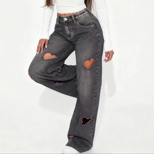 Style rétro européen <span class=keywords><strong>taille</strong></span> <span class=keywords><strong>haute</strong></span> jambes larges <span class=keywords><strong>jean</strong></span> pour femmes couleur unie minceur Denim coeur découpe <span class=keywords><strong>taille</strong></span> XL pour été hiver - Product Image 1