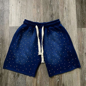 Pantalones cortos hechos a medida con diamantes de imitación para hombre de alta calidad 100% algodón Sun Fade con diamantes de imitación patrón sólido Streetwear Sun Fade Shorts - Product Image 1