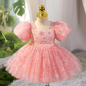 Vestito Estivo Rosa per <span class=keywords><strong>Bambina</strong></span>, con Scollo a O, Lavorato all'<span class=keywords><strong>Uncinetto</strong></span>, in Raso Tinta Unita, Lunghezza al Ginocchio, Traspirante, per il Primo Compleanno, Stile Principessa - Product Image 1