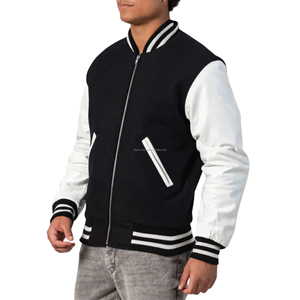 Blouson universitaire unisexe zippé en laine avec manches en cuir, style bomber côtelé, doublure matelassée, patchwork sur le devant, uniforme d'équipe de baseball - Product Image 3