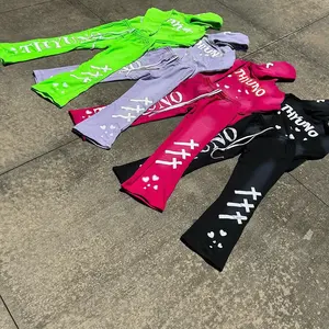 High Quality Distressed <b>Applique</b> Embroidery 500GSM Cotton Pullover Hoodie and Sweatpants Set Custom Luxury Tracksuits for Men - Product Image 3