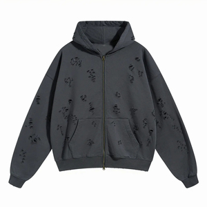 Chaqueta con capucha y cremallera personalizada Unisex al por mayor Vintage lavado ácido estampado desgastado 100% algodón polar invierno cremallera completa personalizable OEM - Product Image 4