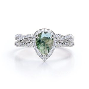 Personalizable 1,25 quilates pera corte musgo Ágata y moissanita conjunto nupcial banda festoneada con rodio chapado para boda o fiesta - Product Image 6