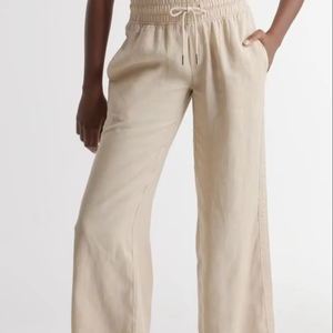 <strong>Women's</strong> Beige Solid <strong>Linen</strong> Cropped Trousers Elastic Waist Closure Mid Waist Harem <strong>Pants</strong> <strong>Drawstring</strong> for Comfort Breathability - Product Image 1