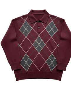 Suéter Polo de Punto Argyle para Hombre, Manga Larga, Cuello con Botones, Informal, para Invierno, Color Rojo Borgoña, para Venta al por Mayor y Pedidos al por Mayor - Product Image 1