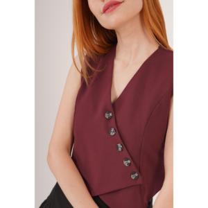 Chaleco de corte triangular con botones y cuello en V para mujer Lustrin - Elegante top sin mangas en mezcla de viscosa y poliéster color borgoña - Product Image 2