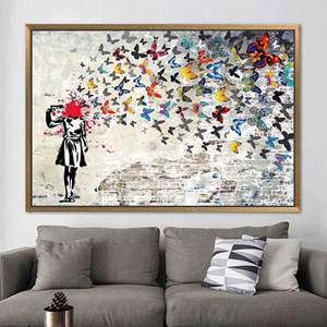 Toile imprimée élégante « Butterfly Girl Suicide » - Art urbain abstrait, 1P : encadré or - Product Image 1