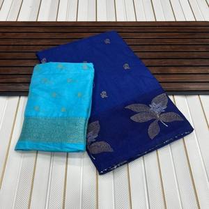 Sari en soie pure Dola lourde avec bordure en zari à effet satiné, entièrement orné de zari, tissage de butti, contraste avec le chemisier - Product Image 1