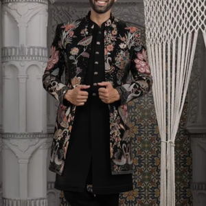 New-Designer Embroidery on Black Sherwani, Kurta & <b>Pant</b> Groom Dress with Embellished crystal glass beads, Stone, Dabka work=2025 - Product Image 1