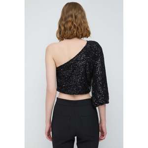 Top Casual de Un Solo Hombro para Mujer, Bordado Floral, Seda y Lino, Talla XL, Bordado a Mano con Decoración de Encaje - Product Image 4
