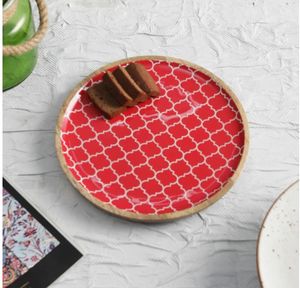 Assiette de service ronde en bois de manguier rouge marocain en bois avec poignées Plateau de service décoratif pour la table du petit déjeuner Décoratif - Product Image 2
