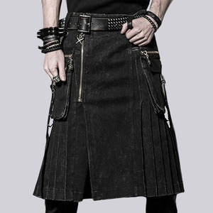 Kilt utilitaire ELITE de style punk pour homme en denim, détails en simili cuir, fermeture éclair métallique, jupe plissée rock - Product Image 3