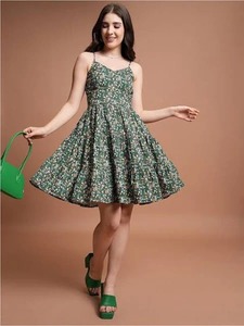 Indian Hand <b>Block</b> Floral <b>Printed</b> 100% Cotton Mini Dress New Trendy Summer Casual Wear Wedding Handmade Natural Waistline - Product Image 3