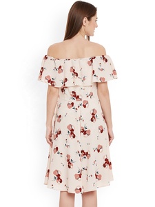 Breathable Ruffled High Quality Women's Viscose Floral Print Off-Shoulder Casual Fit and Flare <b>Summer</b> Mid-Calf <b>Dress</b> - Product Image 2