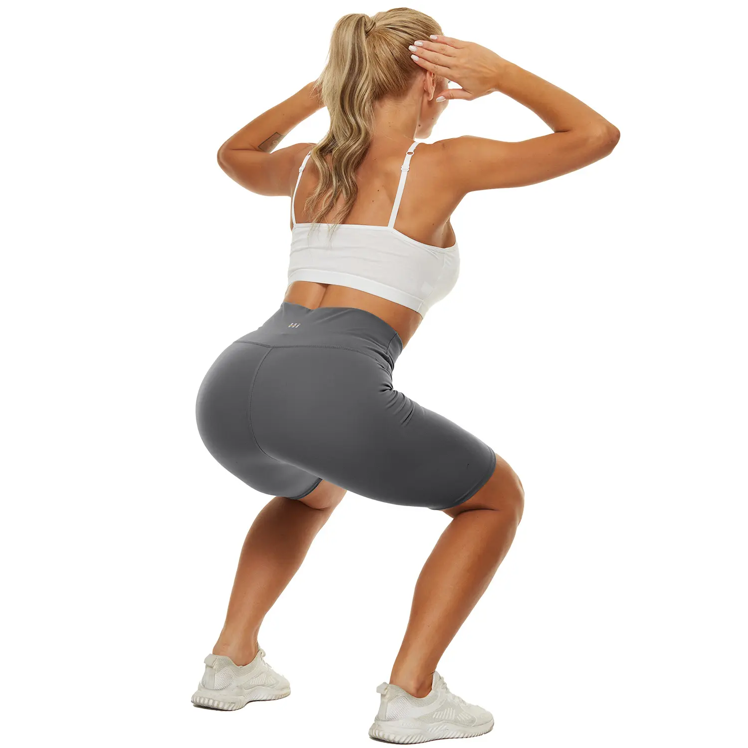 Leggings da allenamento da donna all'ingrosso personalizzati glutei vita alta con controllo della pancia atletico a tinta unita con lettere a polso alto pantaloncini da Yoga