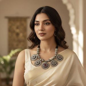 Collar Tribal Tales Aditi, Diseño de Flor y Mariposa Oxidada, Forma de Número, Cuentas Étnicas Religiosas, Diamantes, Perlas, Aleación de Zinc - Product Image 3