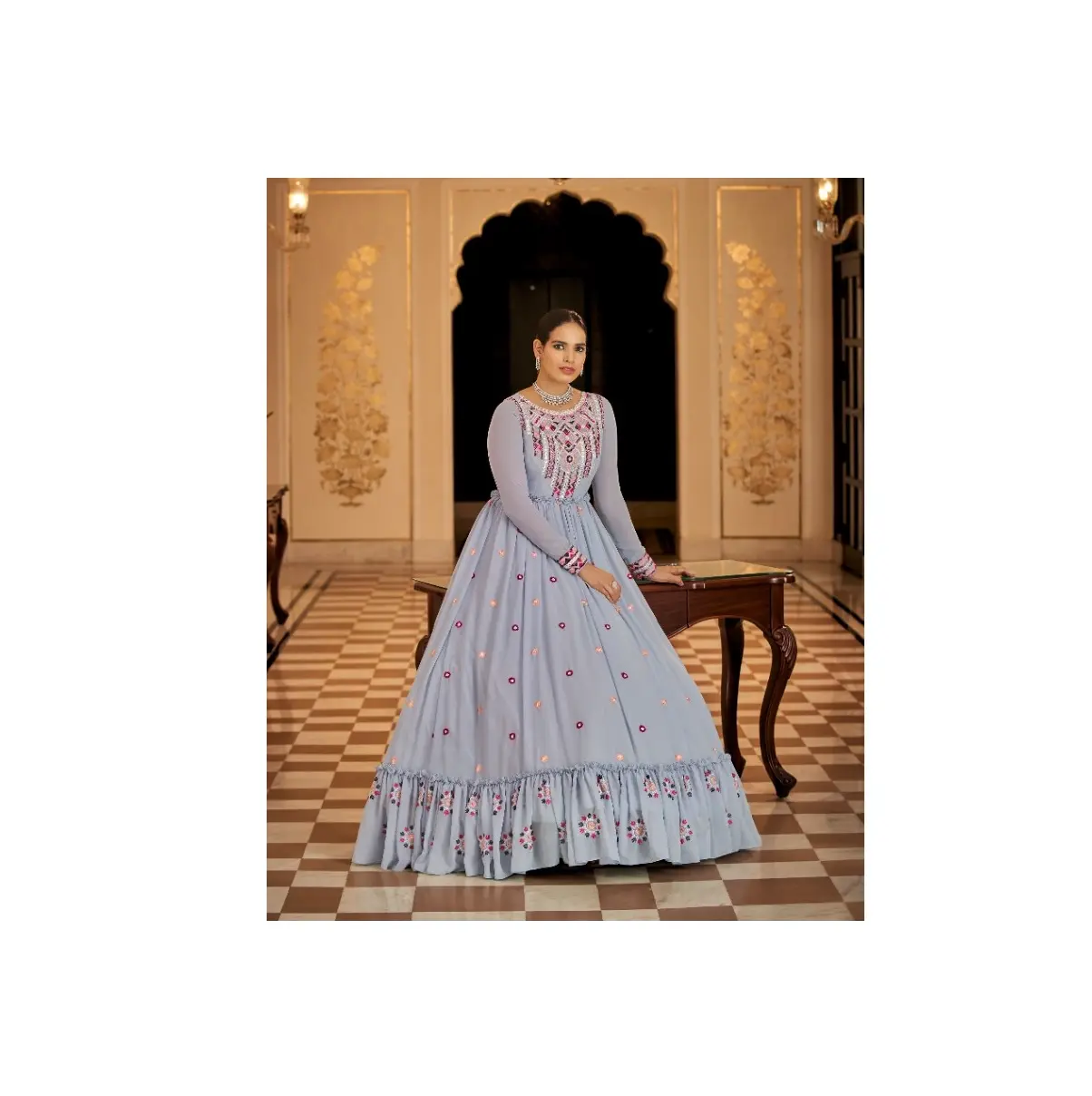 인도 공급 업체의 고품질 인도 파키스탄 최신 전체 무겁게 자수 그물 긴 Anarkali 가운 드레스