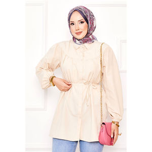 Chemise décontractée beige style robe, coupe modeste avec taille froncée et cordon de serrage, en tissu popeline - Product Image 3