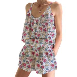 New 100% Cotton Block Print Shorts <b>Pajama</b> Set Soft Indian Floral Spring/<b>Summer</b> Floral Fitted Strappy Sleeveless PJ Set - Product Image 2