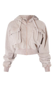 Dernier design de sweat à capuche court taupe à épaules tombantes pour femmes, cargo lavé, anti-rides et respirant, sweats à capuche zippés pour femmes - Product Image 5